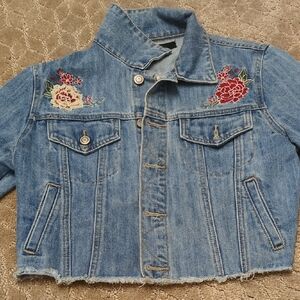 Forever 21 Blue and Red Embroidered Jean Jacket